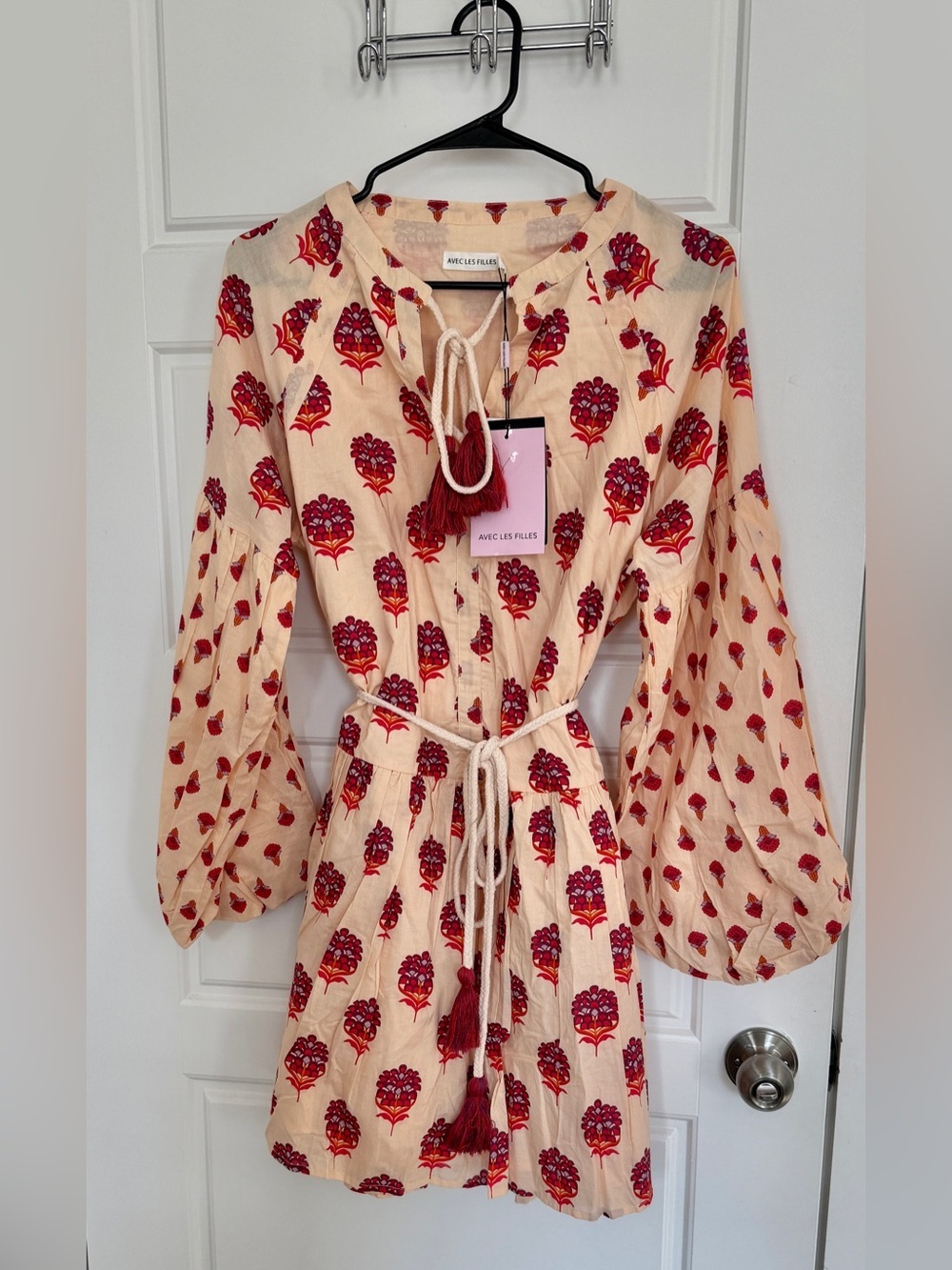 Avec Les Filles Floral Mini Dress Boho Peasant Tassel Tie Waist Size 6 - Picture 5 of 10